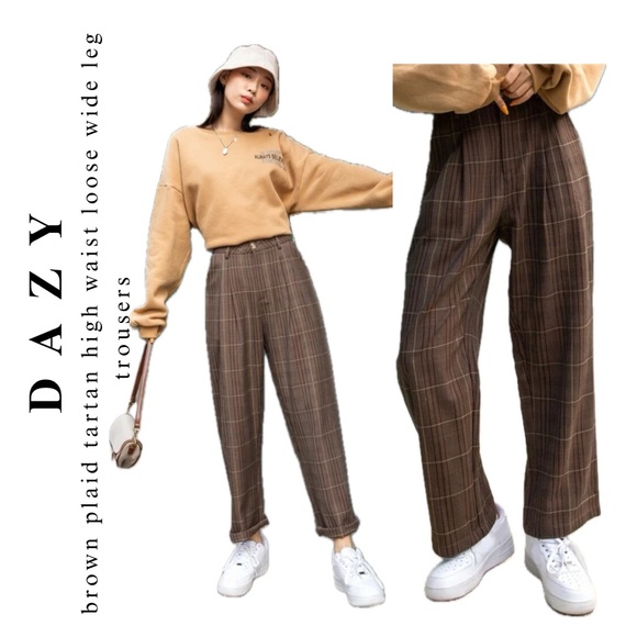 dazy β’ high waist brown plaid tartan loose wide leg pant trousers - Picture 5 of 16